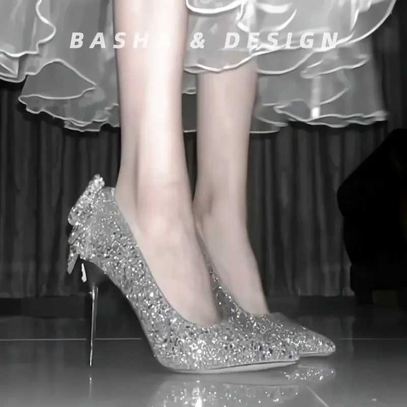 Sier Crystal High Heels Womens Thin Heel 18 Years Old Adult Dress Elegance Butterfly Wedding Gown TwoWay Wedding Shoes BridaXJ251027