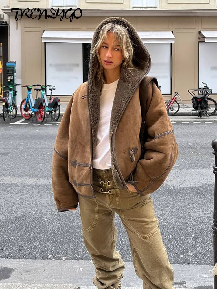 winter jacket women Women's Bomber Coats Hooded Leather Trim Patchwork Jacket Autumn 2025 Female Long Sleeve Loose Fitting Coat Chic Lady Outerwe