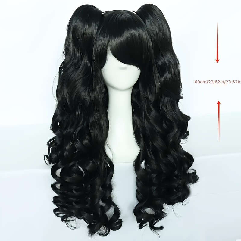 23.62Inch Long Black Anime Double Ponytail Wig With Clip-On - Wavy Hair For, Volume & Curly Wave Texture, One-Size-Fits-All For Halloween, Conventions