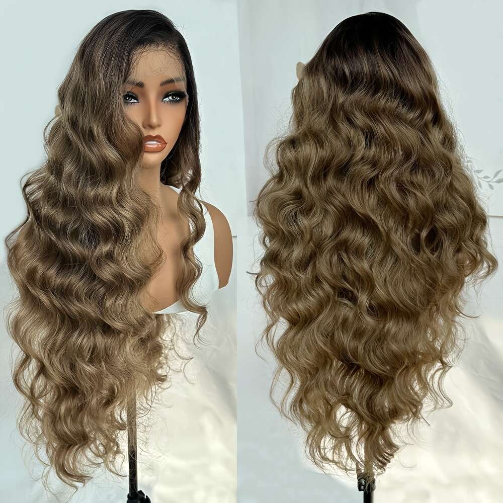 Synthetic Wig, 32-Inch Black Gradient Brown, High Temperature Fiber Wig With Brown Body Waves And Fluffy Style,