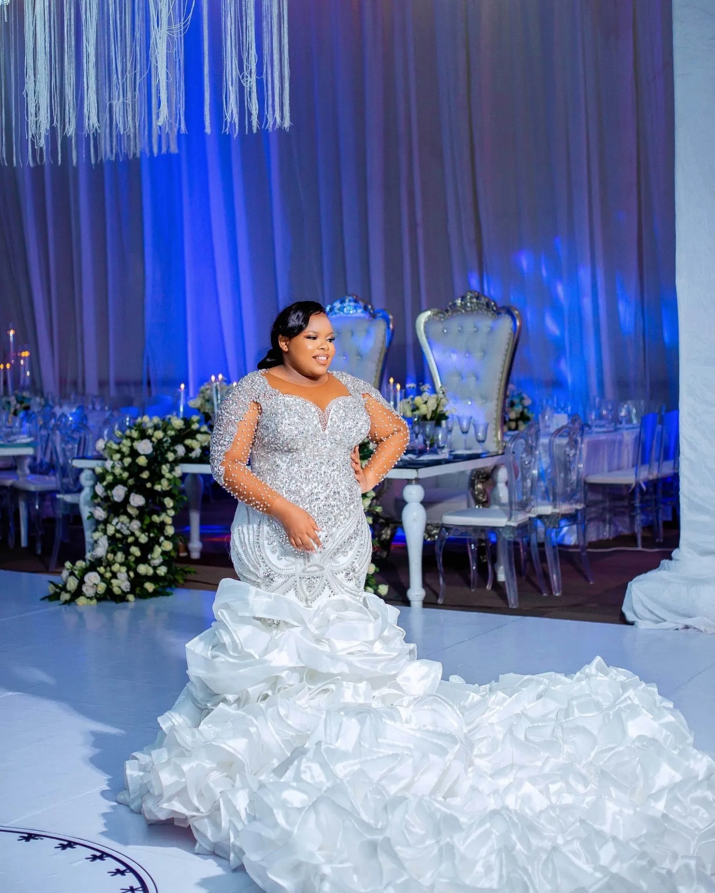Arabic Aso Ebi Plus Size Mermaid Wedding Dress in Ivory with Luxurious Beaded Crystals and Full Sleeves