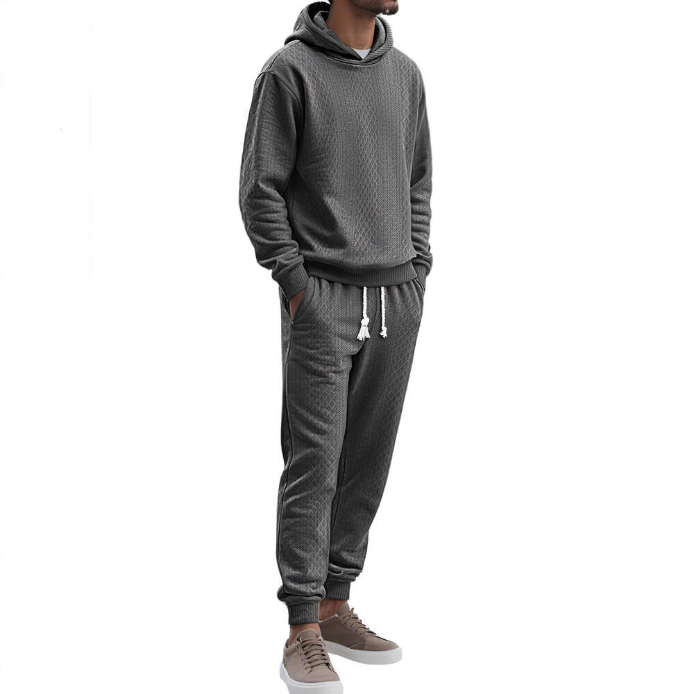 TK Men's Spring And Autumn Loose Casual Sports Sleeve Long Pants Plus Size Jacquard Hooded Sweatshirt Set