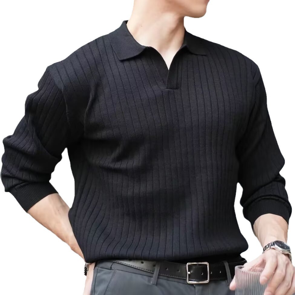 Light Mature Style Spring And Autumn New Korean Men's Solid Color Ribbed Designer Sweater Stretch Turn-down Collar Pullover Slim Fit Knitted Swea