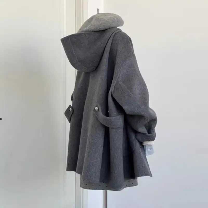 Grey Hooded DoubleSided Wool Woolen Coat For Women In Autumn And Winter 2025 New HighEnd Hepburn Style Coat M251027