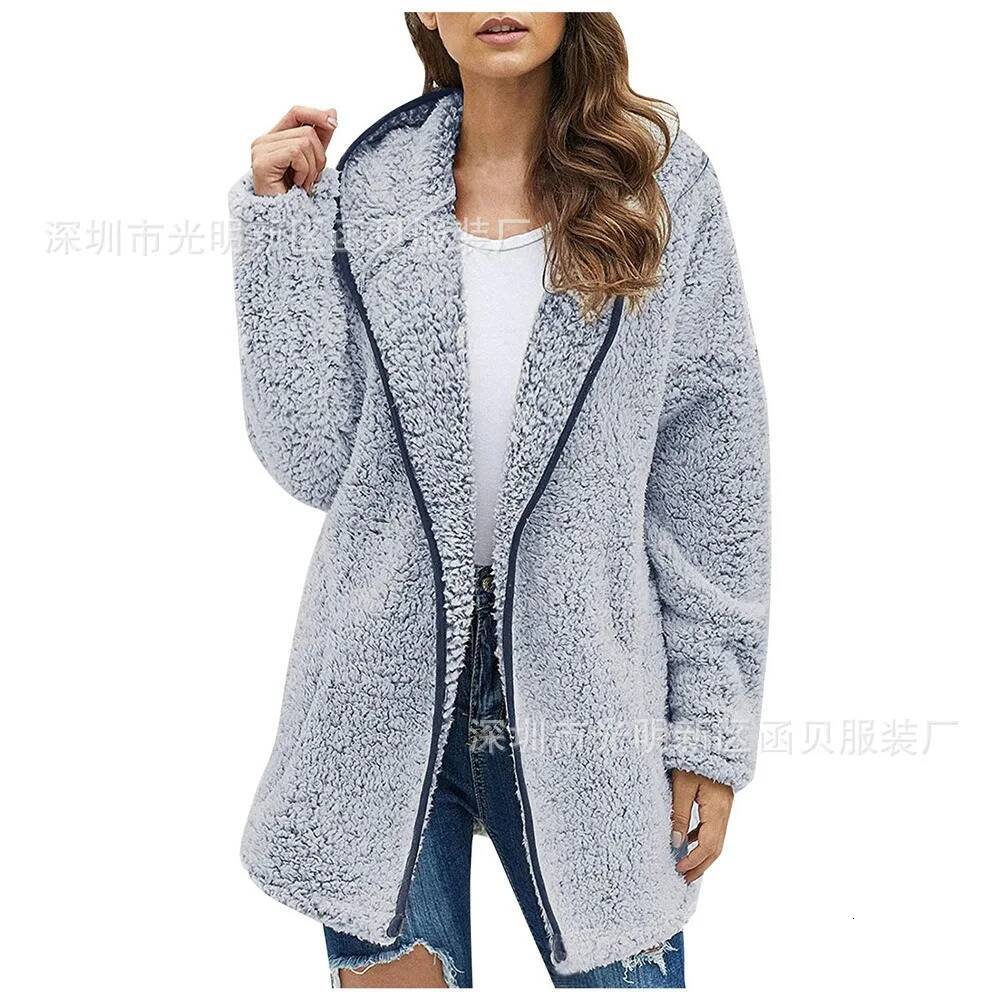 winter jacket women Autumn and Winter New Casual Solid Colour Lapel Hooded Long-sleeved Plush Sweater Fleece Jacket