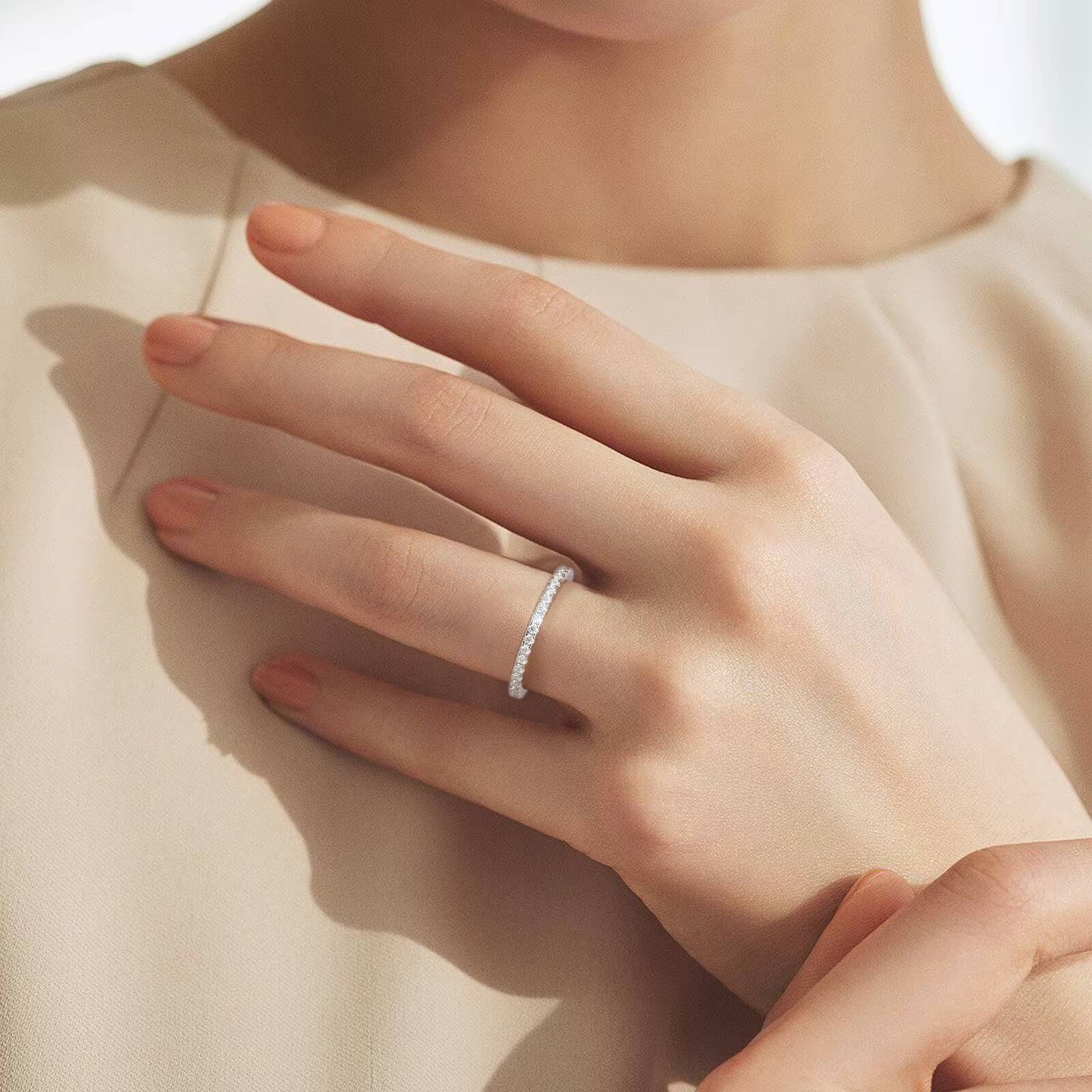 White Gold Plated Solid 925 Sterling Silver VVS Moissanite Simulated Diamond Stackable Ring Jewelry Gift Wedding Bands for Women