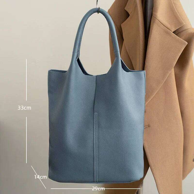 Women Bucket Female Casual Genuine Cow Leather Shoulder Bags Ladies Tote Handbags Cowhide Big Shopper Bag Lady