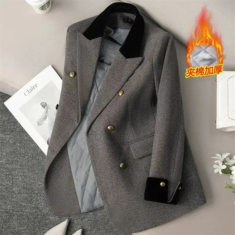 Womens Office Woolen Suit Jacket for women Autumn Winter Chic gray Herringbone pattern Female Thick Casual Coat 251027
