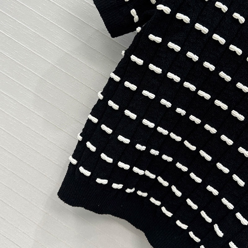 Designer Women's Black White Bow Tie Short Sleeve Pullover Retro Y2K Wool Blend Round Neck Soft Two Colors Luxury High Quality Chic Outerwear Clo