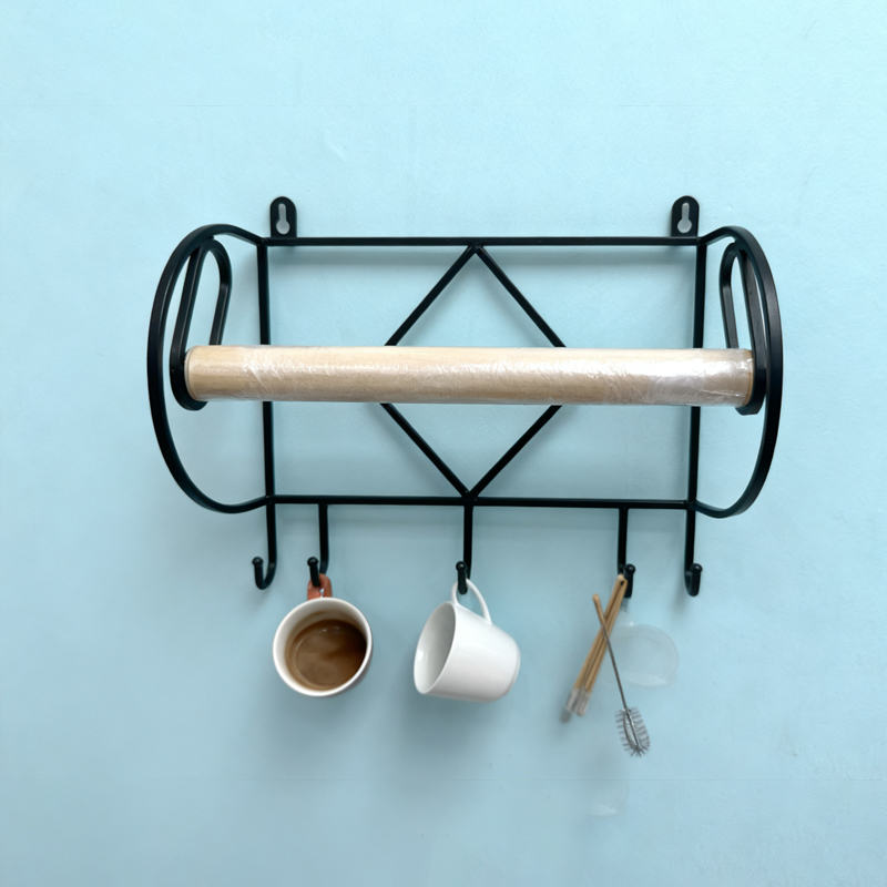 Multi-Functional Iron Heart Paper Towel Holder & Hook Rack, Wooden Roller Wall-Mounted Organizer for Farmhouse Kitchen