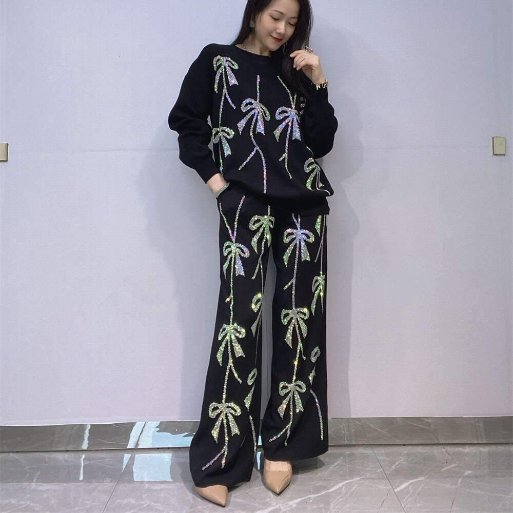 2025 Autumn New Fashion Rhinestone Knitted Two-Piece Set Loose Women's Top Casual Wide-Leg Pants Ladies Long Pants Suit