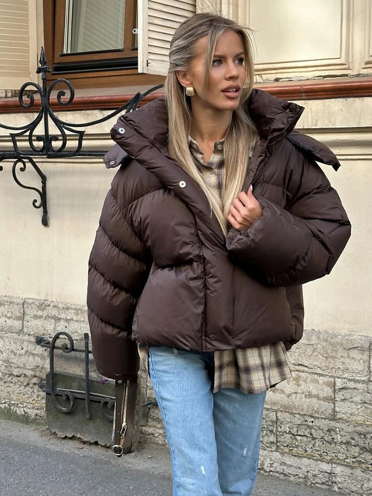 Women Autumn Hooded Short Cotton Coat Casual Brown Stand Collar Full Sleeve Loose Jacket Chic Lady Winter Office Commute Outwear 251023