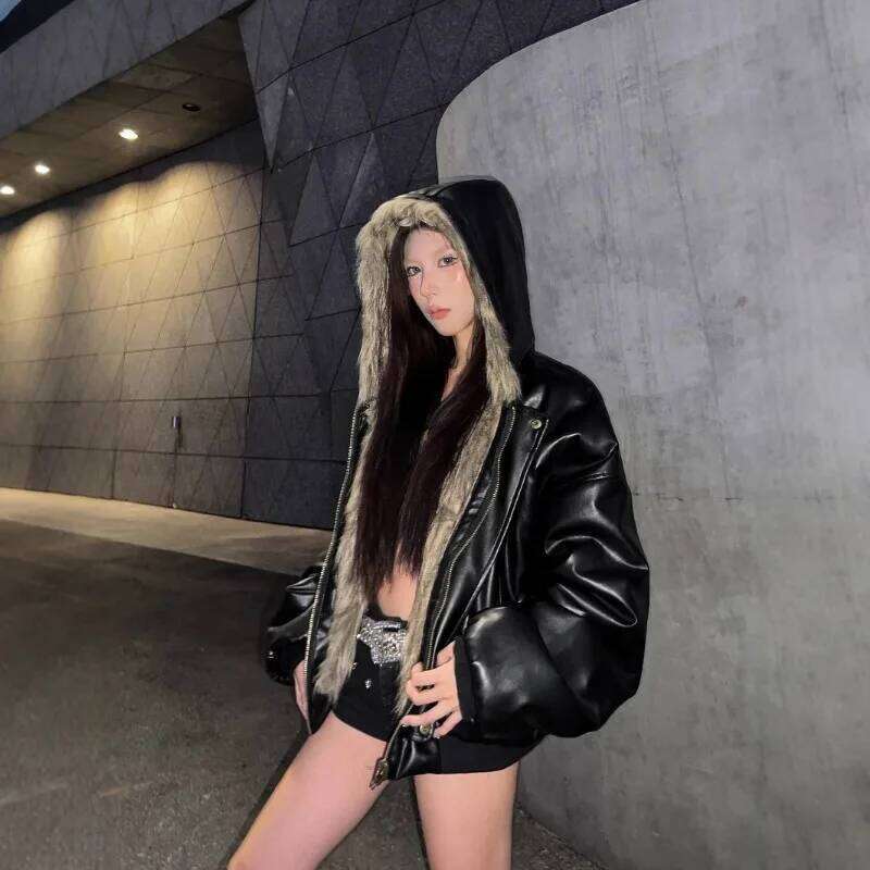 Winter High Street Leather Shaggy Patchwork Short Warm Thick Coat Hooded Fluffy Faux Fur Jacket Women Design Coats