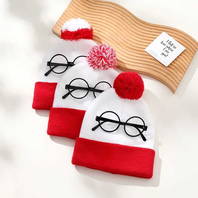 New Christmas Knitted Beanie with Red White Pom Warm Winter Hat for Xmas New Year Holiday GiftsW251027