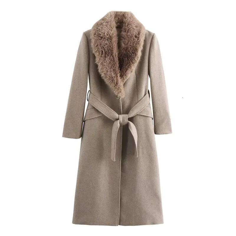 Winter Womens Faionable Woolen Coat Medium Length AllMatch Fur Collar Outerwear Long Sve Commute Sle 251024