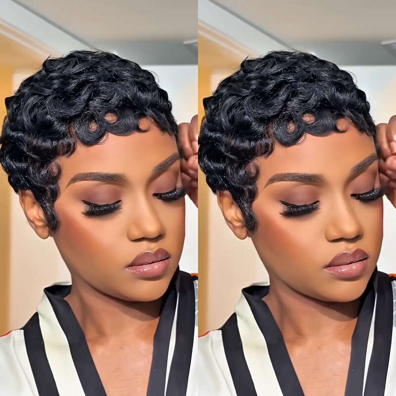 Women's Virgin Human Pixie Cut - Glueless Layered Curly Wavy With Bangs, Natural Black 180% Density Rose Net Cap, Elegant Short Hair Wig For Wome
