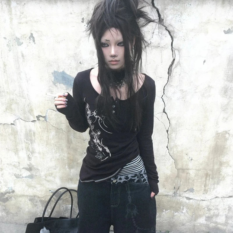 Karrcat Grunge Aesthetics Button Tops Trashy Y2k Tattoo Print Tshirt Vintage Gothic Black Irregular Tee Shirt American Retro 251027