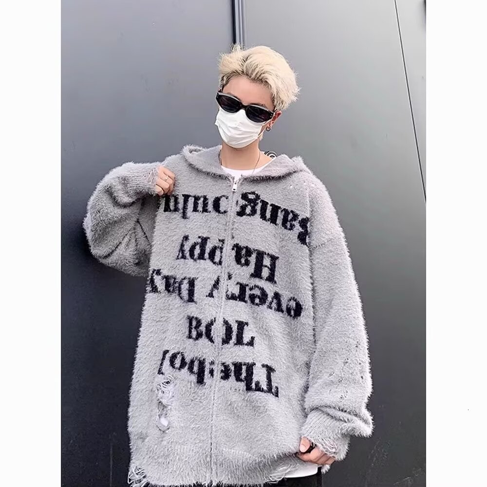 American Style Designer Sweater Lazy Ripped Hooded Knitted Cardigan Sweater Unisex High Street Loose Couple Zipper Fuzzy Coat