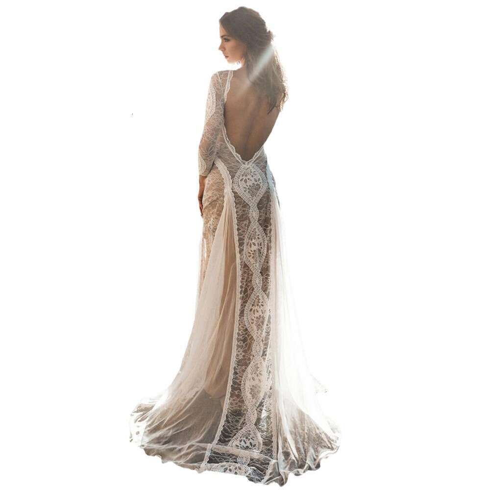 2025 Autumn Design New Women's Fashion Socialite Banquet Wedding Round Neck Long Sleeve Printed Backless Lace Dress