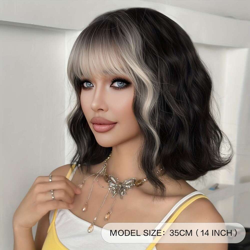 7Jhh WIGS Women's Bob With Bangs - High-Density Loose Wave Gradient Black To Siery White, Heat-Resistant Synthetic Daily Party Use, 14 Inch Rose 