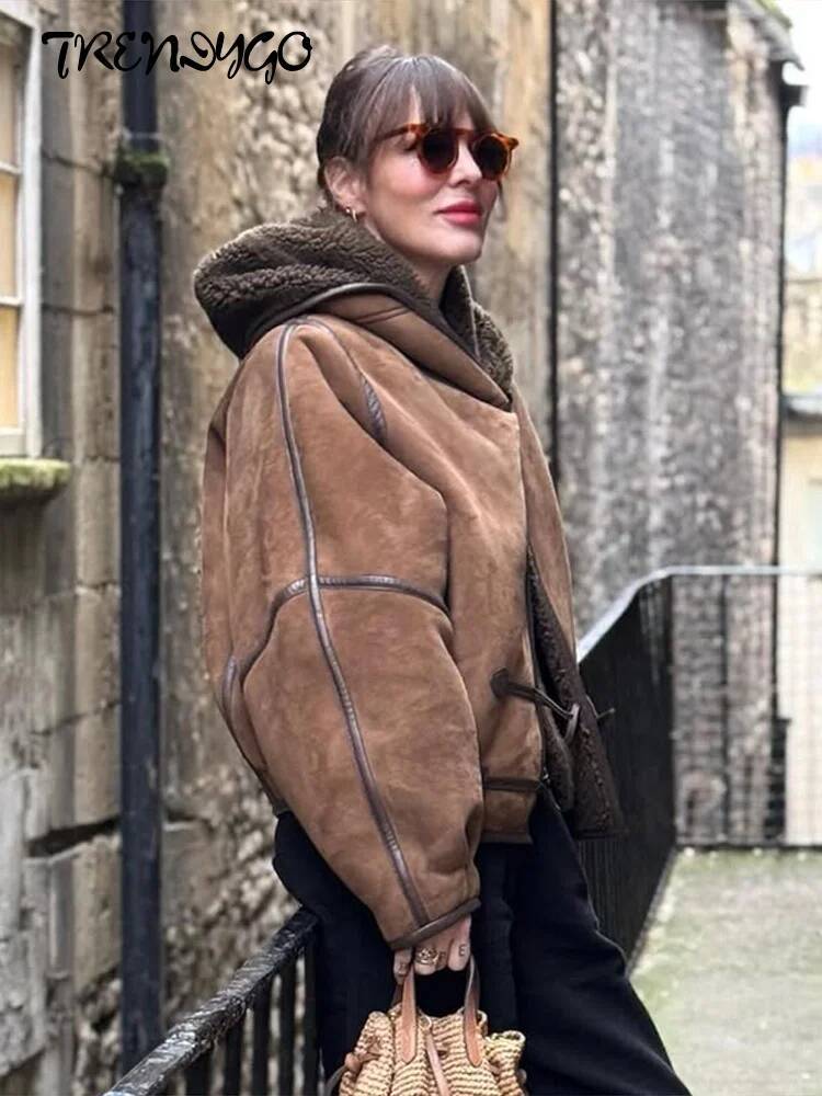 winter jacket women Women's Bomber Coats Hooded Leather Trim Patchwork Jacket Autumn 2025 Female Long Sleeve Loose Fitting Coat Chic Lady Outerwe