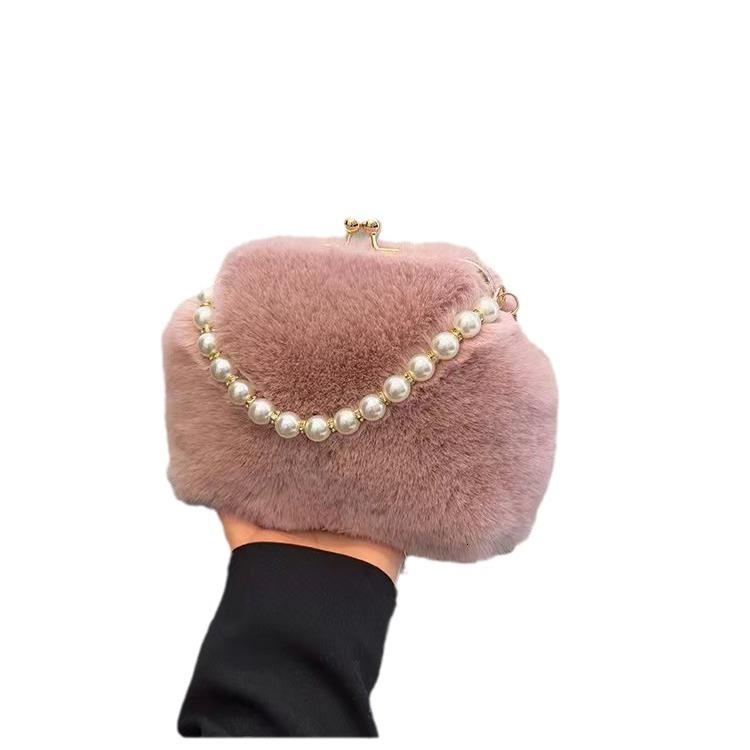 New Autumn Winter Pearl High-End Handbag Shell Plush Chain Single Shoulder Crossbody Women's Bag