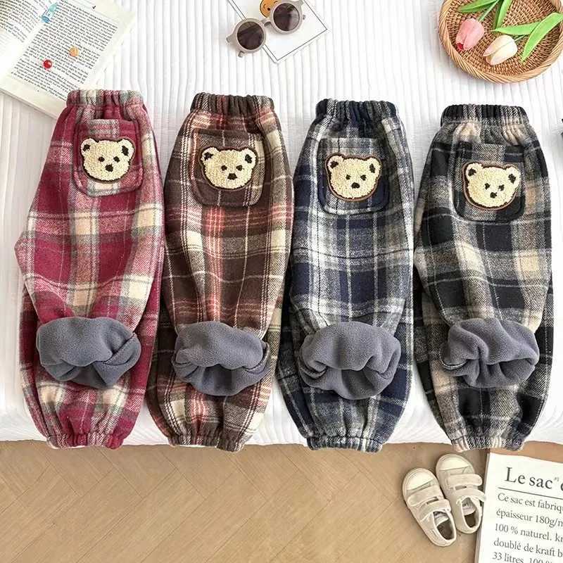 Winter Kids Fleece Lined Plaid Pants Thickened Warm Stylish Unisex Baby Trousers Casual Comfortable Long PantsT251027
