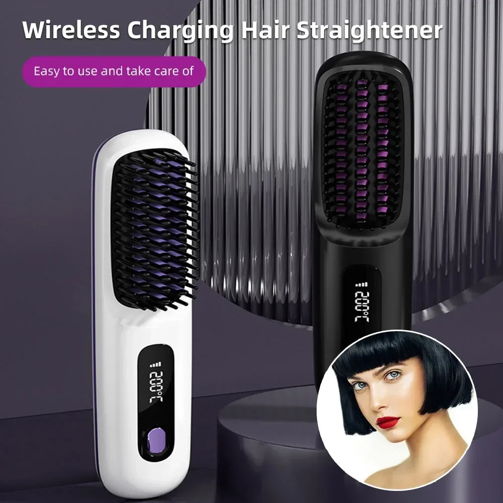 Electric LCD Usb Ceramic Heating Straight Hair Comb Wireless Portable Negative Ion Styling Tool Rechargeable Straightening Brush 251027