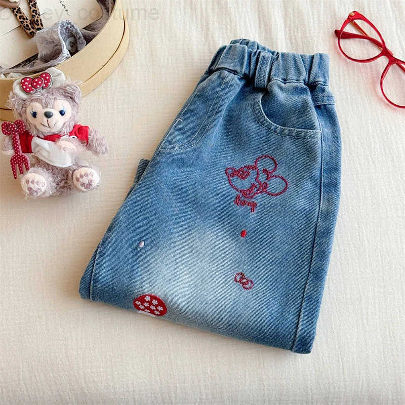 Disney Girls Jeans Cute Cartoon Embroidered Kids Wide Leg Pants Spring Autumn Patchwork Mickey Casual Childrens Trousers H251027