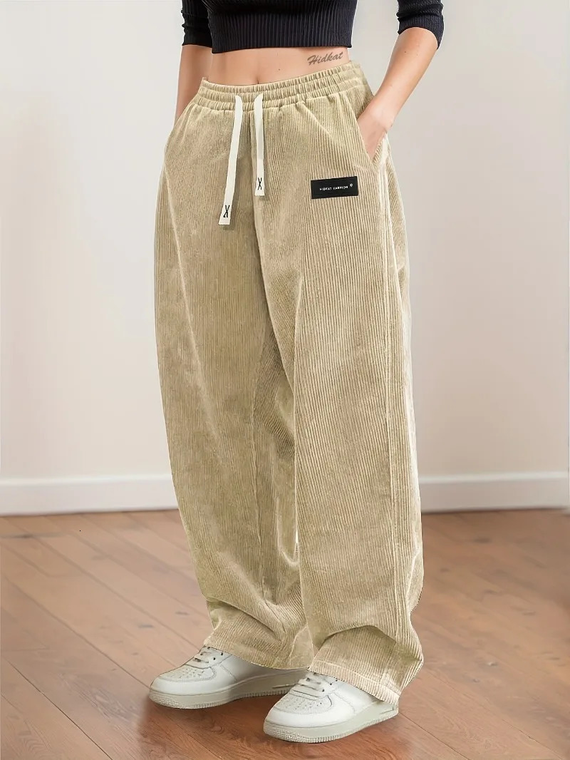 Womens Corduroy Pants Texture StraightLeg Trousers with Drawstring Waist White Piping AllSeason Casual to SemiFormal 251027