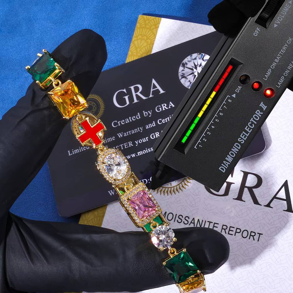 NUOYA VVS Moissanite Oil Drop Cross Chain Bracelet 10mm 925 Silver Multi Color Enamel Geometric Motif Iced Out Hip Hop Jewelry