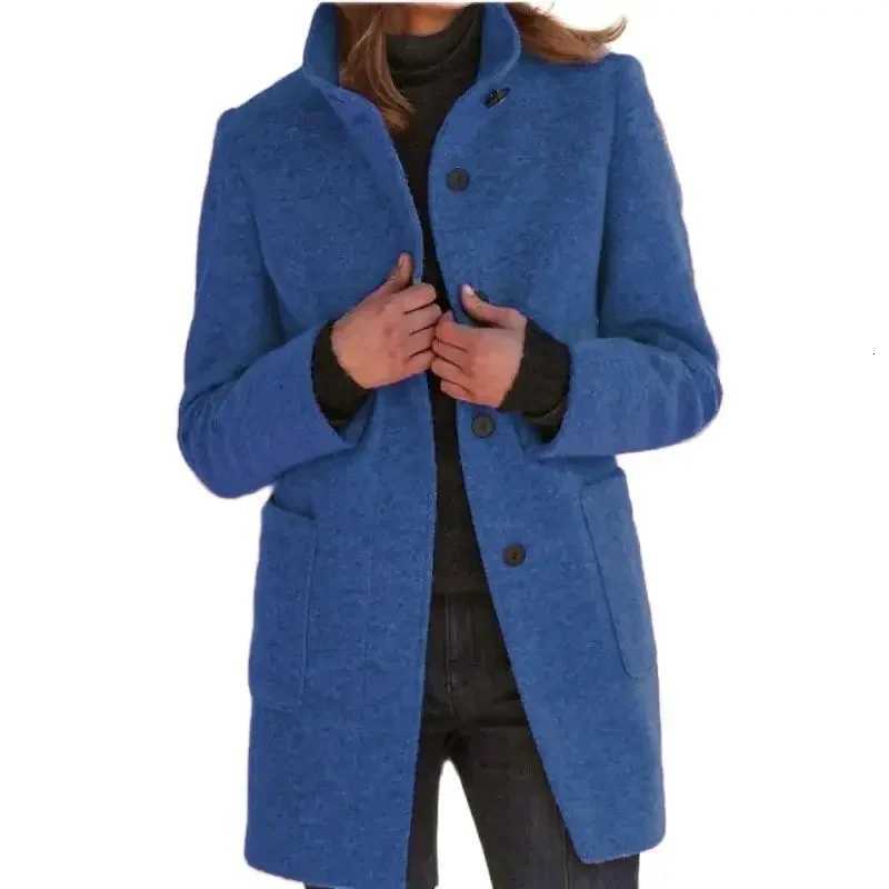 Women Vintage Solid Color Standup Collar Tweed Jacket Autumn Winter Warm Commuter Outerwear Singlebreasted Cardigan Long Coat M251027