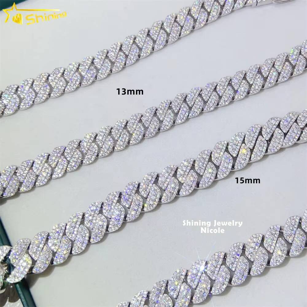 Hip Hop Jewelry Iced Out Fashion Necklace 13MM 15MM Miami Moissanite Diamond Cuban Link Chain