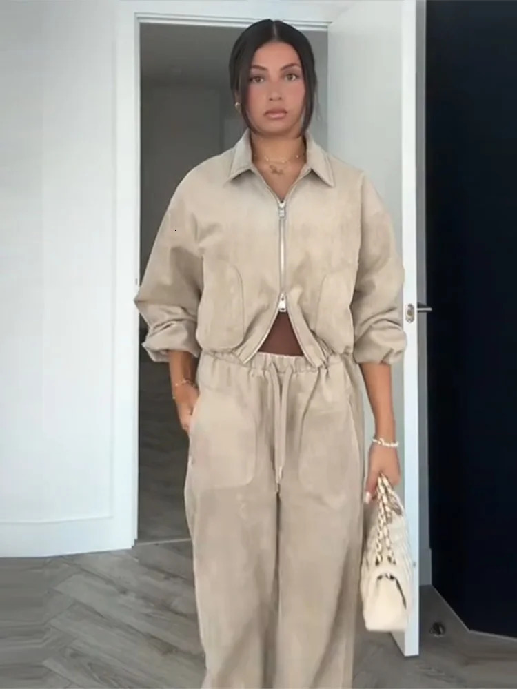 Casual Womens Jacket Pants Suits Zipper Lapel Pocket Jackets Long Straight Trousers Set Autumn Winter 2 Pieces Sets Female 251027