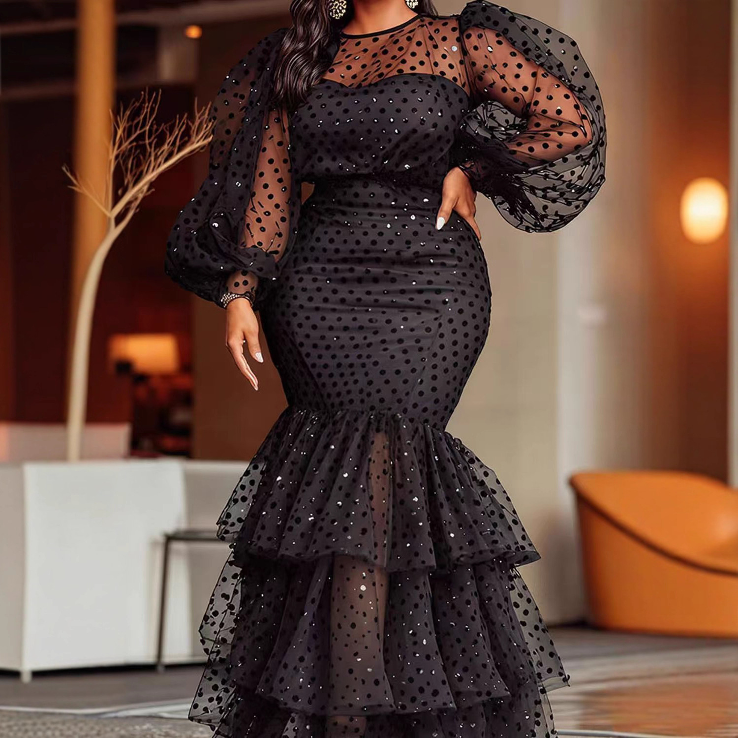 G1026Cross-border European and American women's bubble flocking polka dot sexy plus size dress