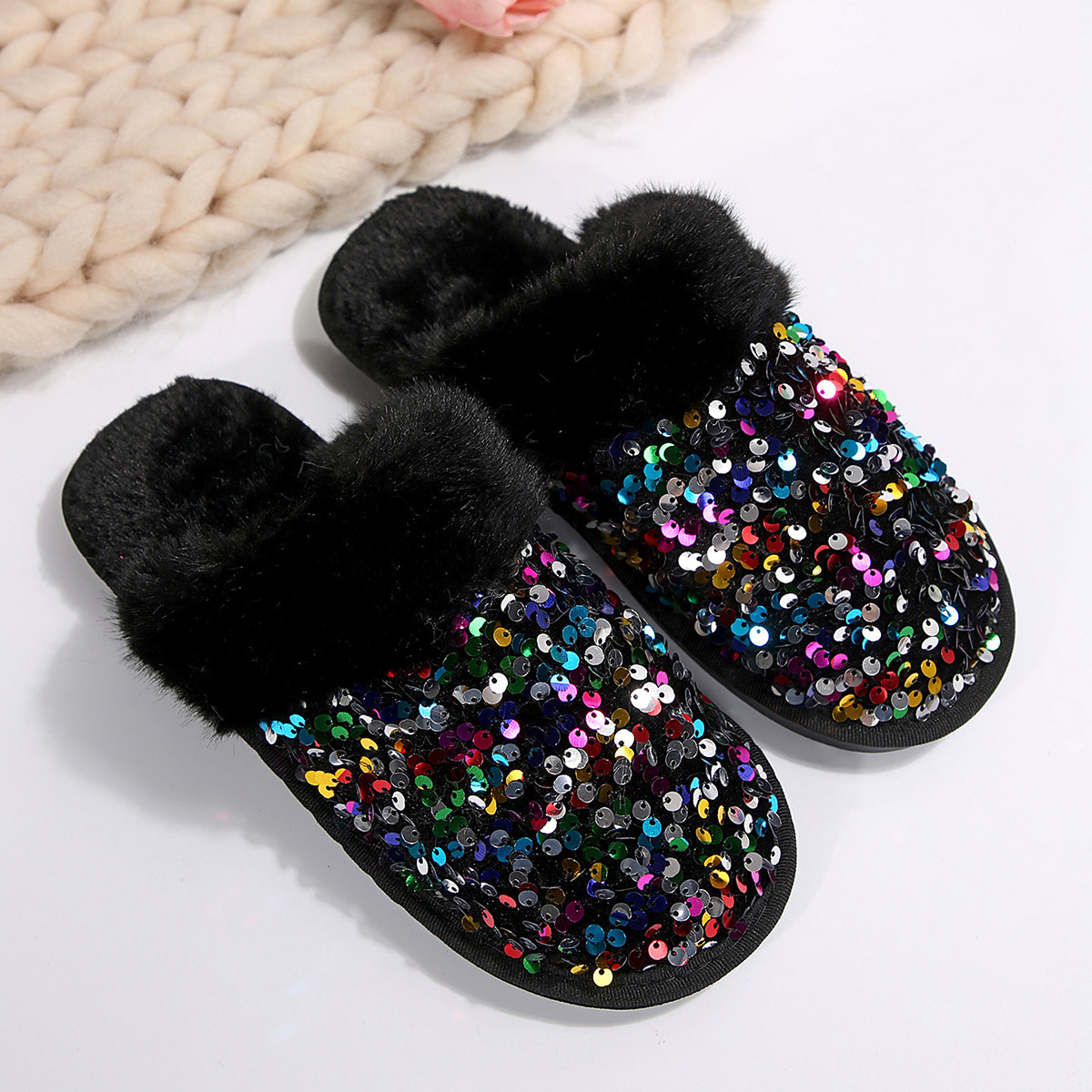 New Warm Comfortable Home Couples Cotton Slippers Sequins Fashion Plush Slipper Black Pink