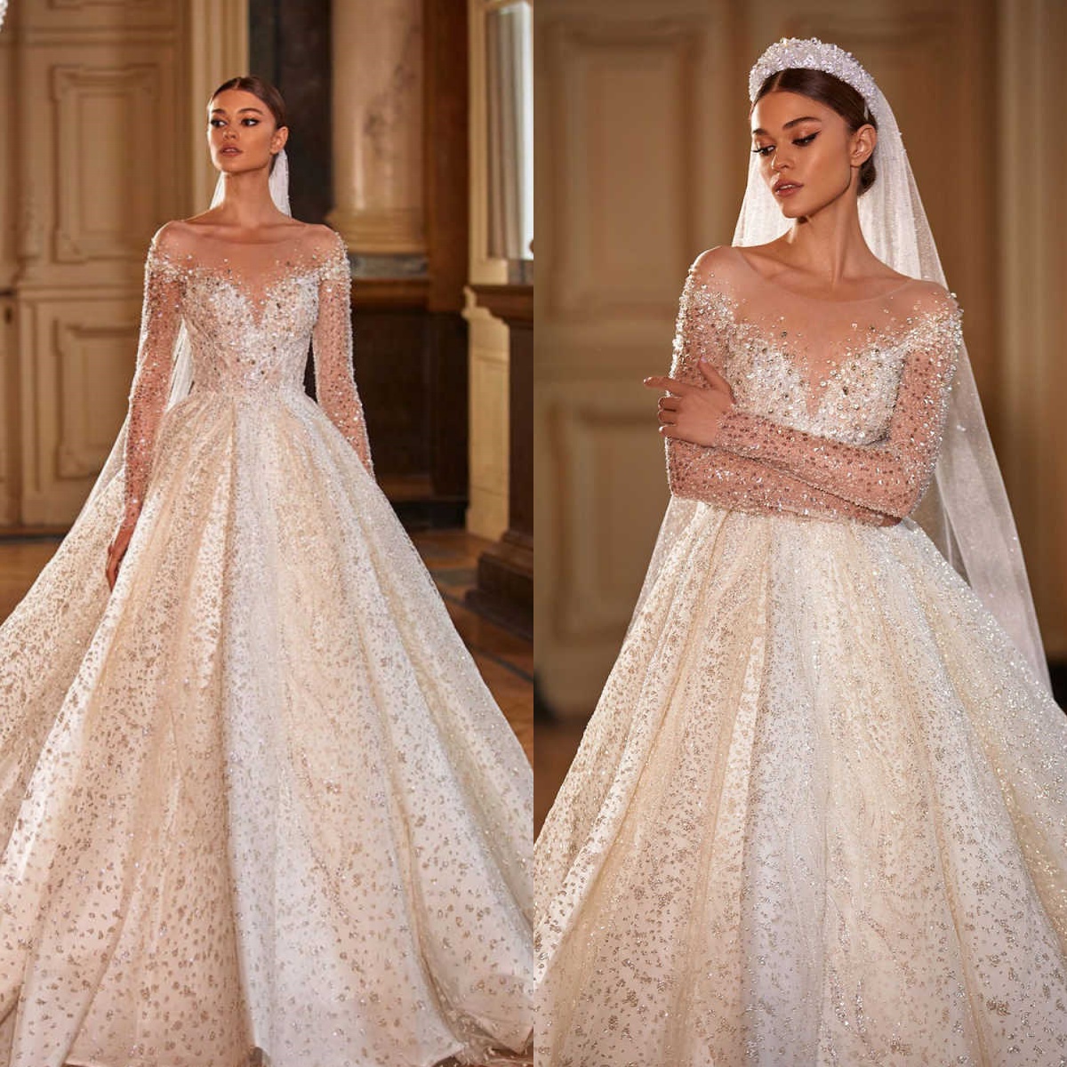 Sparkly Sequins A Line Wedding Dresses Long Sleeve Jewel Bridal Gowns Crystal Beadeds Formal Customized Vestidos De Novia