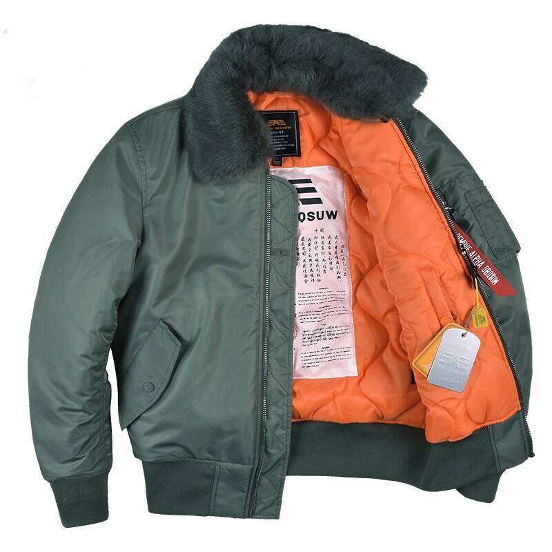 Men's Winter MA1 Bomber Jacket Windproof Warm Detachable Rabbit Fur Collar Coat