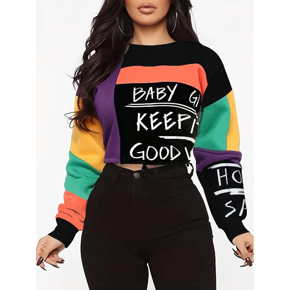 Women's Elegant Block Letter Print Pullover Top - Soft Long Sleeve Shirt With Adjustable Drawstring Waist, Hine Washable Casual Chic Blended Colo