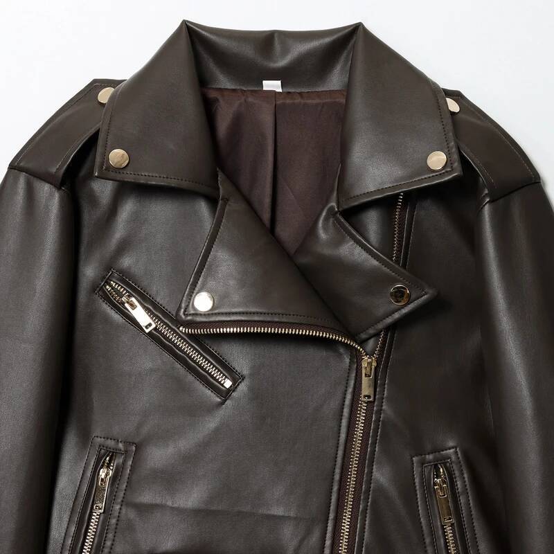 winter jacket women HXAO Brown Short Coat Faux Leather Women Women's Long Sleeve Top Motorcyclist Jacket