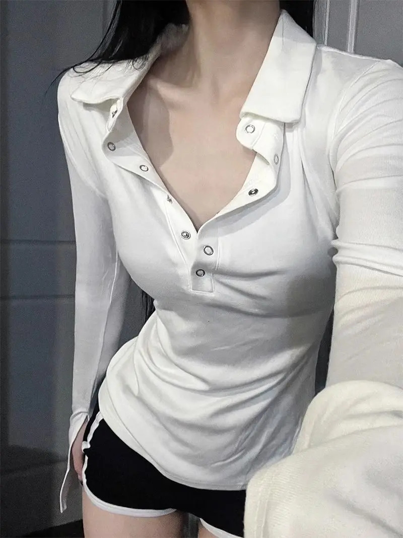 Bodycon Women Tshirts Long Sleeve Solid Color Turn Down Collar Sexy Simple Korean Style Ins Minimalist Prevalent Casual Chic 251027