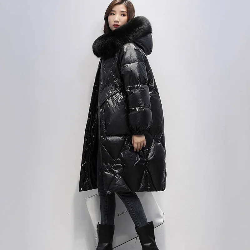 Oversized Womens Down Cotton Jacket Winter Warm Jackets Coat Long Hooded Fur Collar Parka Overcoat Female Cold Black 251027