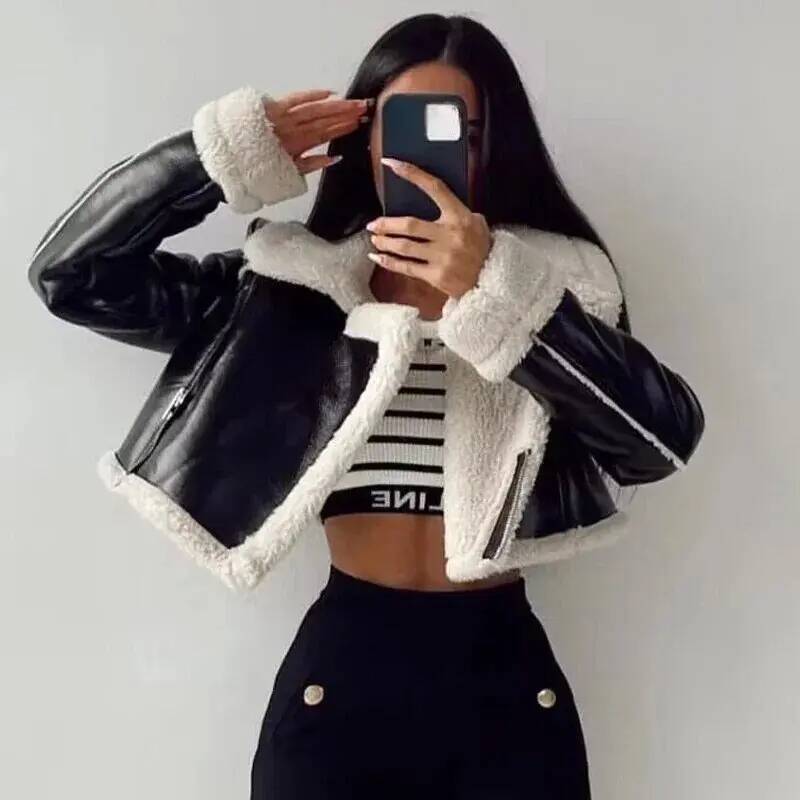 winter jacket women Women's Cropped Coat Black Wool Blends Coats Bomber Tweed Autumn Winter Leather and Fur Crop Jacket