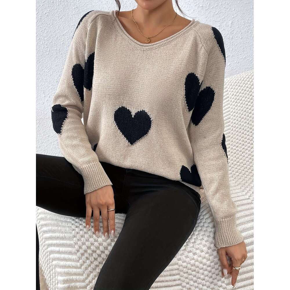 New Spring Autumn Stylish Casual Elegant V-Neck Pullover With Heart Jacquard Contrasting Colors, A Youthful And Chic Women's Knitted Long-Sleeve 