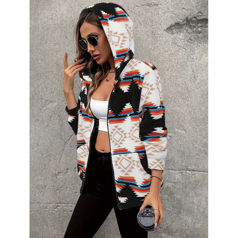 SPECHIR Women's Elegant Geometric Print Hooded Jacket - Hine Washable Zipper Front Casual Coat For Fall/Winter, Black/White/Orange/Teal/Gray, Mid