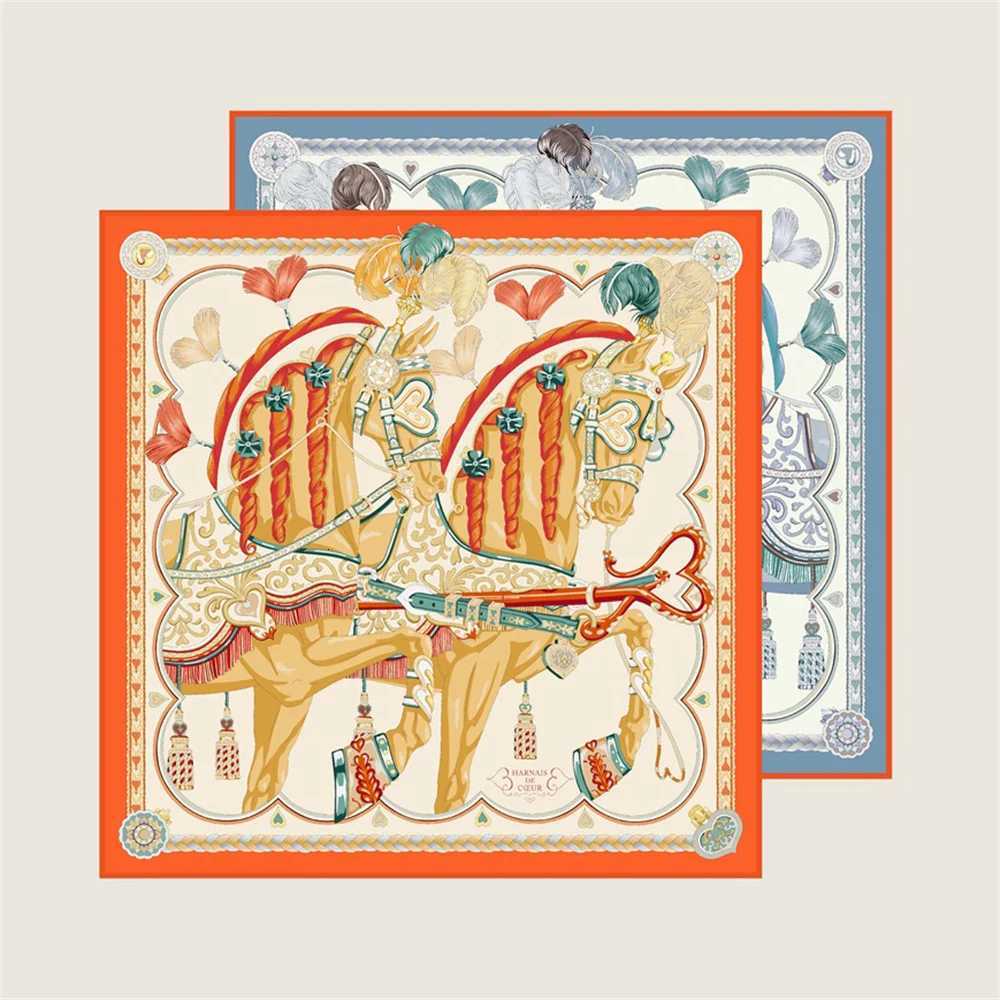 POBING Hand Rold Twill Silk Scarf Wen Two Horse Doub Print Square Scarves Wraps Echarpes Foards Fme Hijab 90CMW251027