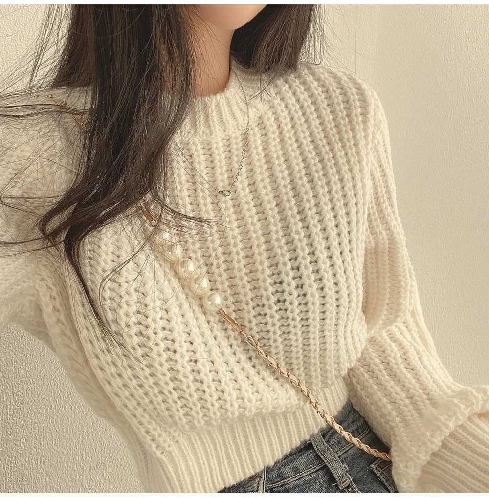 Korean Loose Long Sleeve Sweaters Fashion Women Harajuku Lantern Knit ONeck Solid Basic Jumpers Autumn Winter Soft Warm SweaterT251027