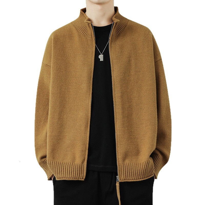 Autumn Winter New Stand Collar Cardigan Men Solid Color Thickened Designer Sweater Warm Long Sleeve Trendy Casual Lazy Style Knitted Men Sweater