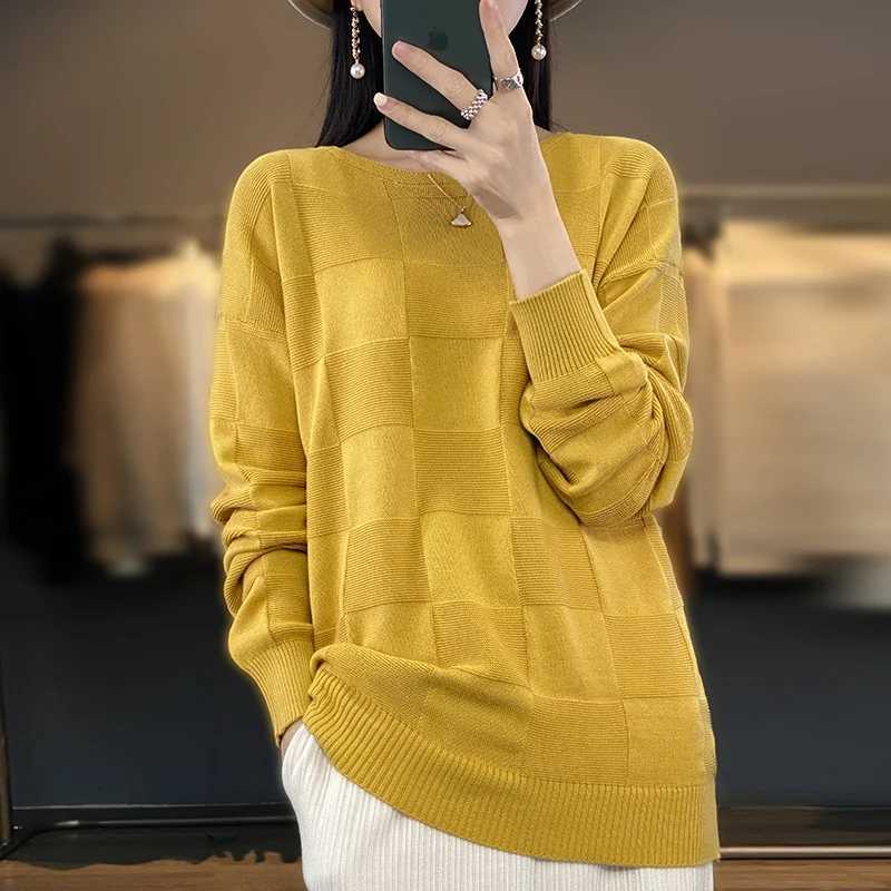 Autumn Winter New Women 100 Cotton Soft Sweater Round Collar Square Pattern Pullover Loose Fashion Knitwear Casual Base TopT251027