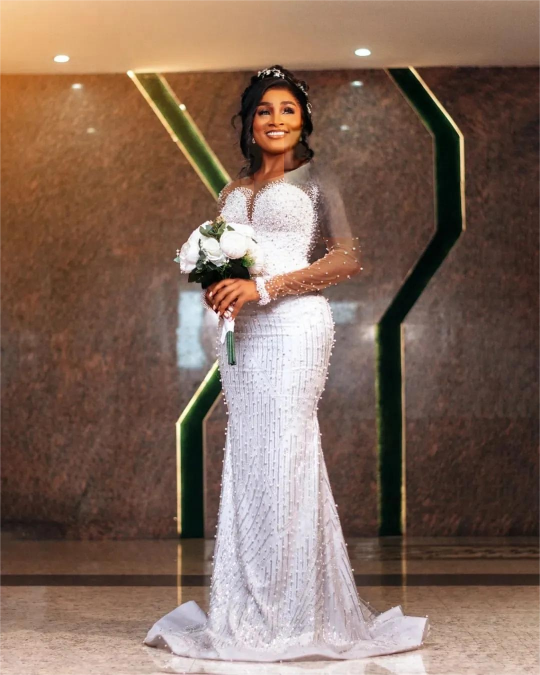 Arabic Aso Ebi Plus Size Mermaid Wedding Dress in Ivory with Full Lace Pearls Detachable Train and Full Sleeves